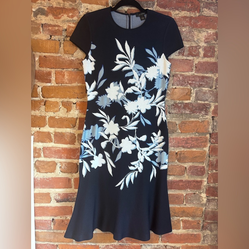 St. John Luxury Embroidered Knit Midi Dress with Blue & White Floral